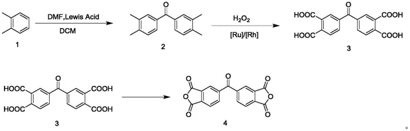 Reaction scheme showing the conversion of o-xylene to 3,3',4'-BTDA via Lewis acid acylation and Ru-catalyzed oxidation