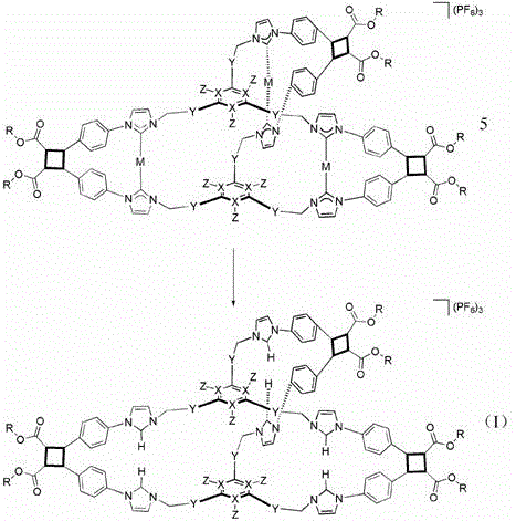 Final demetallation step yielding the 3D polyimidazolium salt cage compound structure