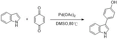 General reaction scheme for Pd-catalyzed synthesis of 4-(1-H indole) phenol derivatives from indole and benzoquinone