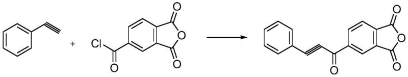 Reaction scheme showing the copper-catalyzed acylation of phenylacetylene with 1,2,4-trimellitic anhydride acyl chloride to form 4-(1-ketone-2-propargyl phenyl propane) phthalic anhydride