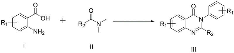 General reaction scheme for synthesizing 4-(3H)-quinazolinone derivatives from anthranilic acid and DMF derivatives