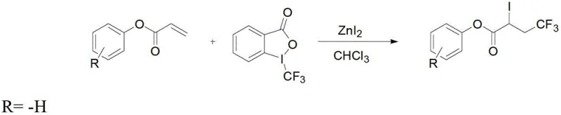 Step 1 Trifluoromethylation Reaction Equation showing Acrylate and Togni Reagent with ZnI2 catalyst