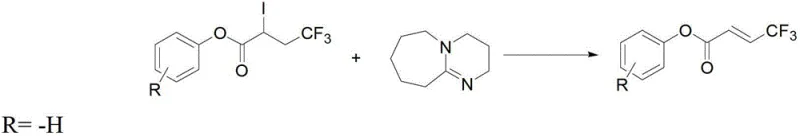 Step 2 Elimination Reaction Equation showing Iodo-intermediate and DBU forming Final Butenoate