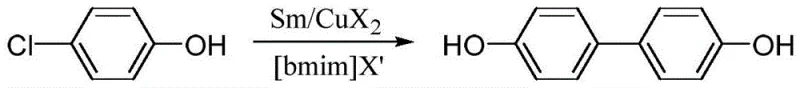 Reaction scheme showing Sm-Cu catalyzed reductive coupling of p-chlorophenol to 4,4'-biphenol in ionic liquid