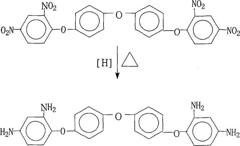 Chemical reaction scheme showing the reduction of 4,4'-bis(2,4-dinitrophenoxy)diphenyl ether to 4,4'-bis(2,4-diaminophenoxy)diphenyl ether using hydrazine and Pd/C catalyst