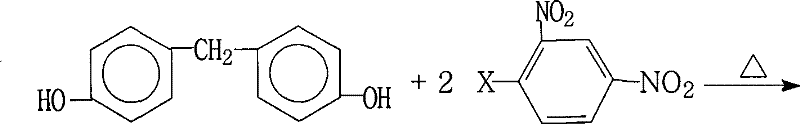 Chemical reaction scheme showing the synthesis of 4,4'-bis(2,4-dinitrophenoxy)diphenylmethane from 4,4'-dihydroxydiphenylmethane and 2,4-dinitrohalobenzene