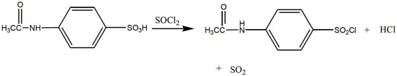 Reaction scheme showing the chlorosulfonation of acetanilide with chlorosulfonic acid and thionyl chloride
