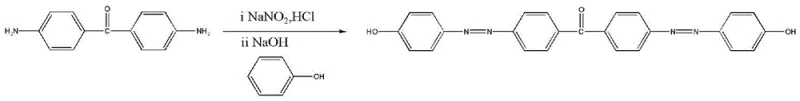 Reaction scheme showing the conversion of 4,4'-diaminobenzophenone to 4,4'-dihydroxy-diazobenzophenone via diazotization and coupling with phenol