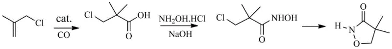 Overall synthetic route from 3-chloro-2-methylpropene to 4,4-dimethylisoxazol-3-one via carbonylation and cyclization