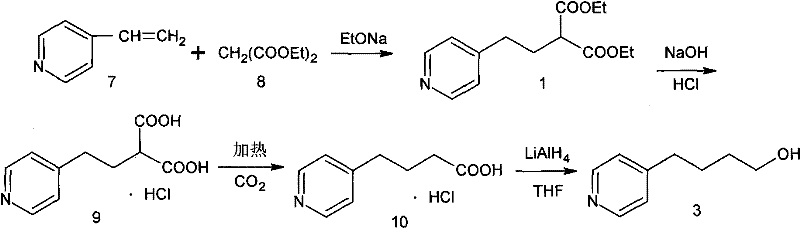 Prior art synthesis route involving difficult solid-state decarboxylation