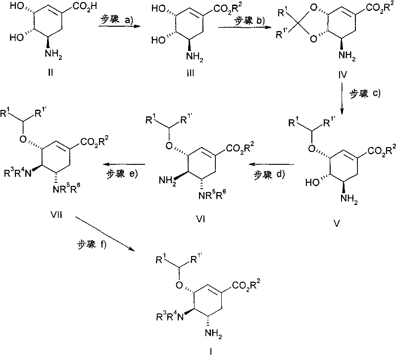 Complete reaction scheme showing the multi-step conversion from 5-amino-shikimic acid to Formula I derivatives