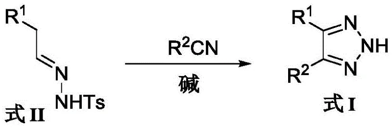 General reaction scheme showing the base-promoted cycloaddition of formula II hydrazone with nitrile to form formula I triazole
