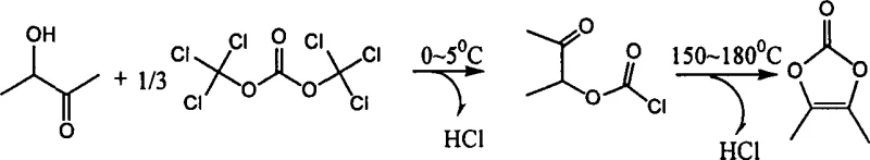 Reaction scheme showing the two-stage synthesis of 4,5-dimethyl-1,3-dioxol-2-one using bis(trichloromethyl)carbonate