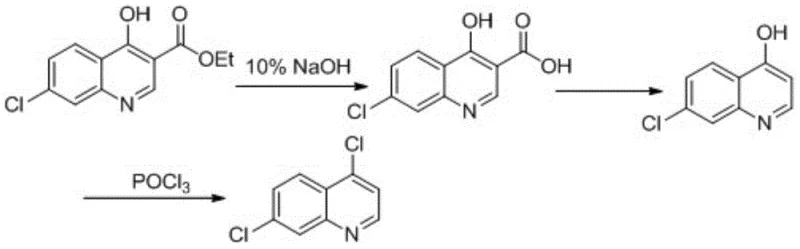Three-step synthesis route: Hydrolysis, Decarboxylation, and Chlorination to form 4,7-dichloroquinoline