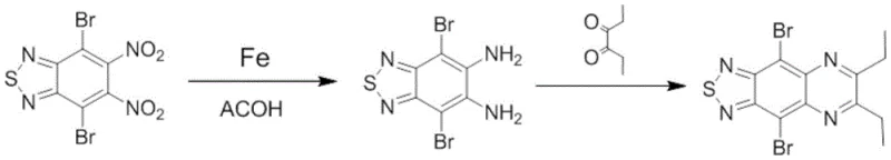 Reaction scheme showing the two-step synthesis from dinitro precursor to azacycloacene via iron reduction and Pd/C catalysis