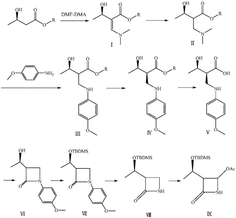 Overall synthetic route from (R)-3-hydroxybutyrate to 4-AA intermediate showing key transformation steps