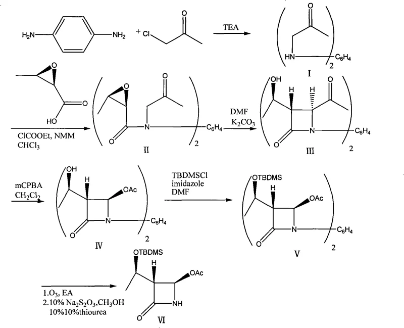 Reaction scheme showing the synthesis of 4-acetoxy-2-azetidinone from epoxybutyric acid and p-phenylenediamine derivatives via cyclization and ozonolysis