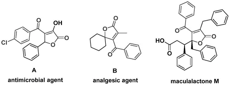 Bioactive molecules containing 4-acyl-2(5H)-furanone scaffolds including antimicrobial and analgesic agents