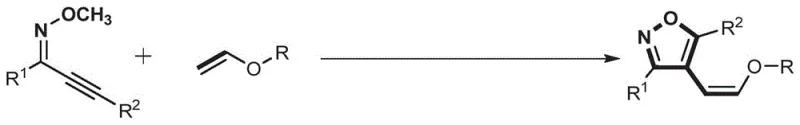 General reaction scheme showing the synthesis of 4-alkoxy alkenyl isoxazole derivatives from O-methyl alkynone oxime ether and vinyl ether
