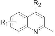 General structure of 4-position alkylated 2-methylquinoline derivatives showing variable R1 and R2 groups