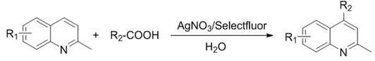 Reaction equation showing silver-catalyzed alkylation of 2-methylquinoline with carboxylic acid using Selectfluor