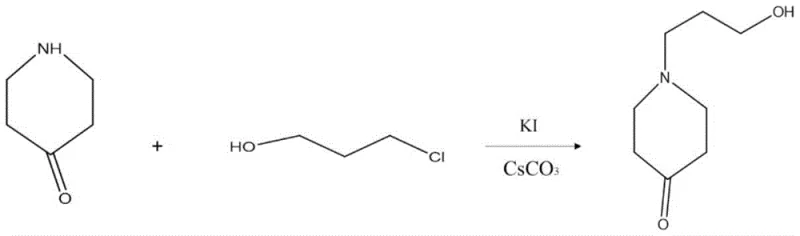 Reaction scheme for the N-alkylation of 4-piperidone with 3-chloro-1-propanol using Cs2CO3 and KI catalyst