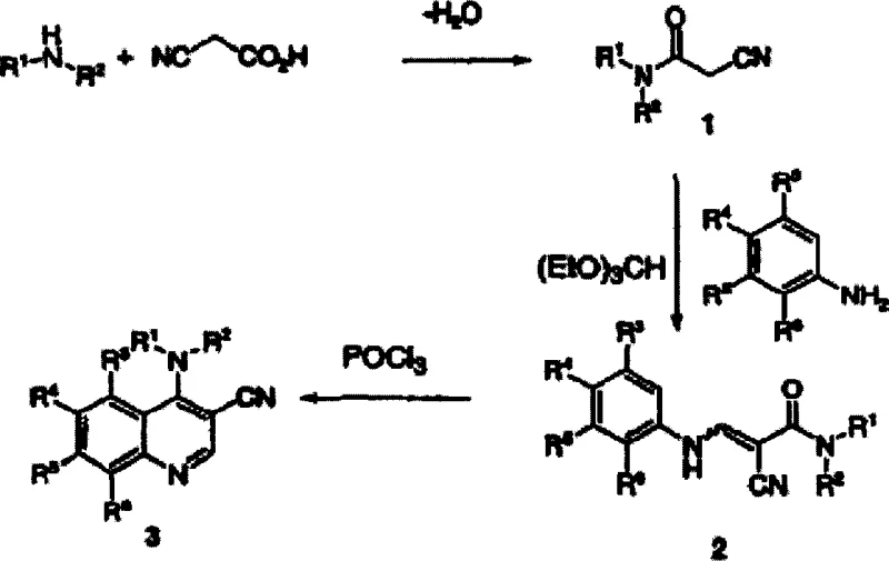 General reaction scheme for the preparation of 4-amino-3-quinolinecarbonitriles showing cyanoacetamide condensation and POCl3 cyclization