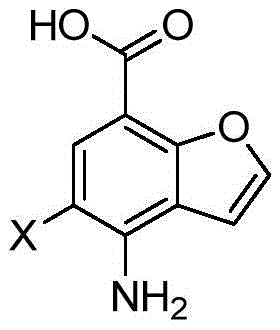 Chemical structure of 4-amino-5-halogenobenzofuran-7-carboxylic acid showing the core benzofuran scaffold with amino and carboxylic acid functional groups