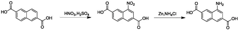 Reaction scheme showing the two-step synthesis of 4-aminonaphthalene-2,6-dicarboxylic acid via nitration and zinc reduction