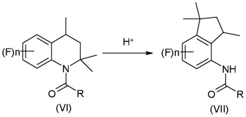 Acid-Catalyzed Rearrangement Mechanism converting Tetrahydroquinoline to Indan Derivative