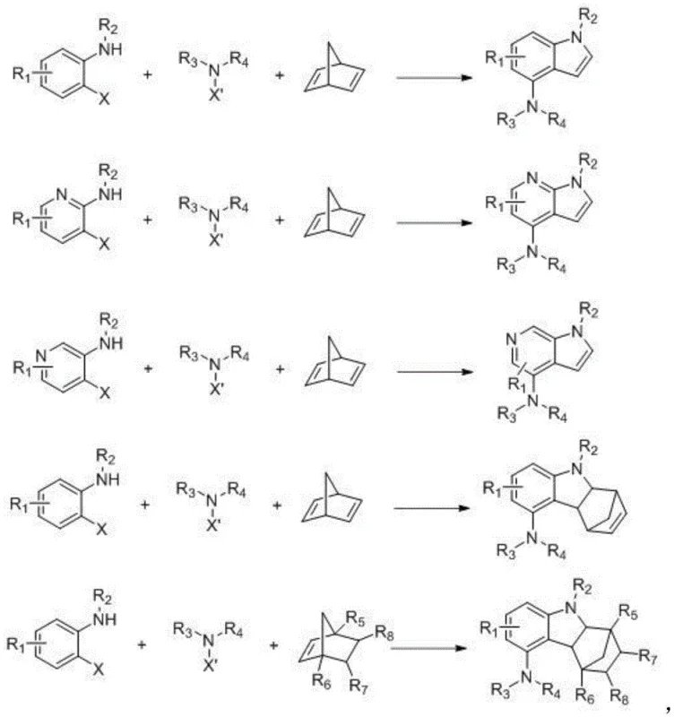 General reaction scheme for 4-aminoindole synthesis using aniline derivatives, amine derivatives, and norbornene