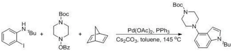 Specific example of 4-aminoindole synthesis yielding 82% using N-tert-butyl-o-iodoaniline