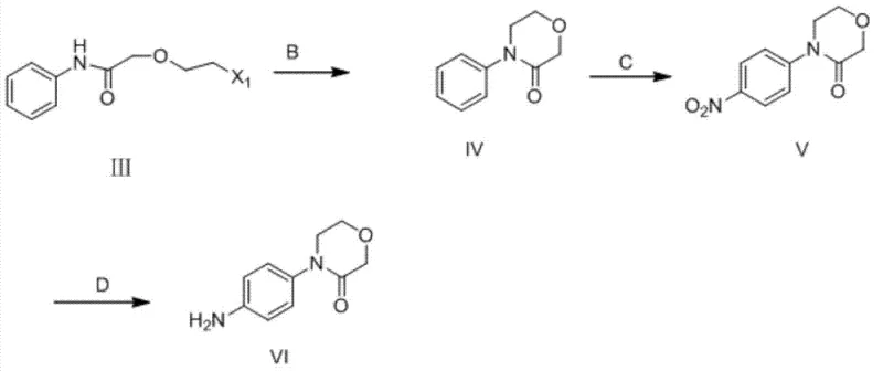 Complete synthetic route showing amide formation cyclization nitration and iron-catalyzed reduction