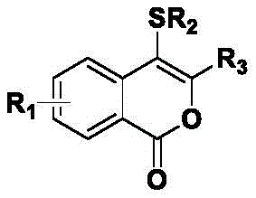 General chemical structure of 4-thiocoumarin compounds showing variable substituents R1, R2, and R3