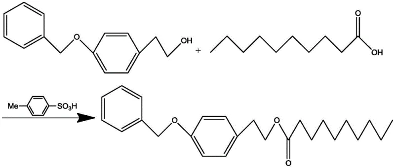Reaction scheme showing the esterification of 4-benzyloxy phenethyl alcohol and n-decanoic acid catalyzed by p-toluenesulfonic acid to form 4-benzyloxy phenyl ethyl n-decanoate
