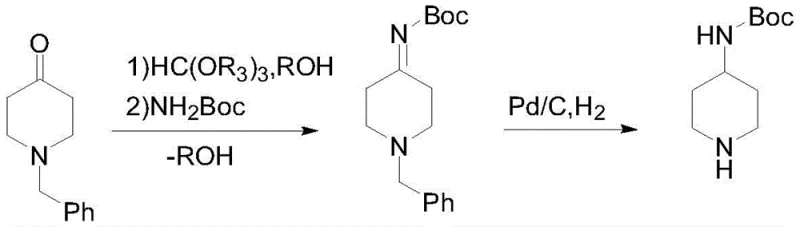 Reaction scheme showing the conversion of N-benzyl-4-piperidone to 4-Boc-aminopiperidine via ketal-imine intermediate and Pd/C hydrogenation