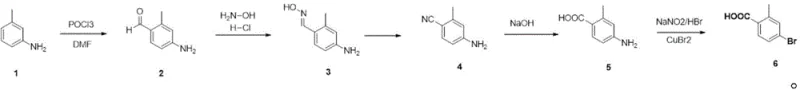 Complete synthetic route from 3-methylaniline to 4-bromo-2-methylbenzoic acid showing five distinct chemical transformation steps