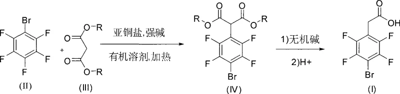 Reaction scheme showing the synthesis of 4-bromo-2,3,5,6-tetrafluorophenylacetic acid via copper-catalyzed substitution and subsequent hydrolysis