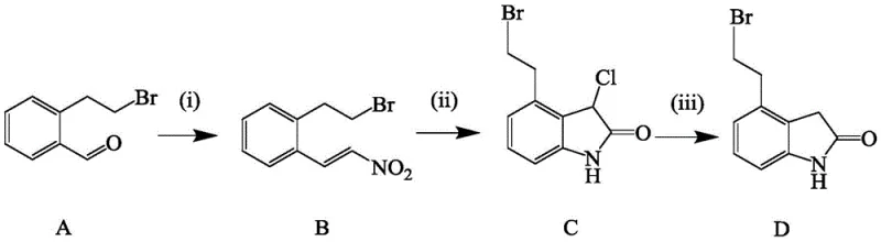 General reaction scheme for the novel synthesis of 4-(2-bromoethyl)-1,3-dihydro-2H-indol-2-one showing steps i, ii, and iii