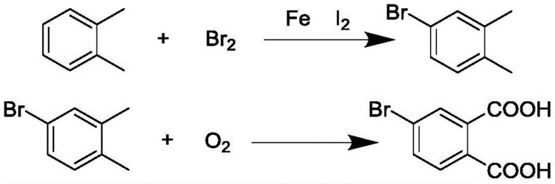 Reaction scheme showing the two-step synthesis from o-xylene to 4-bromo-o-xylene and finally to 4-bromophthalic acid