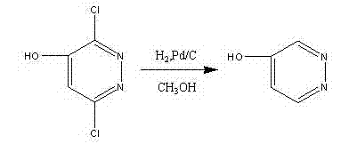 Catalytic hydrogenation reaction converting 3,6-dichloro-4-hydroxypyridazine to 4-hydroxypyridazine using H2 and Pd/C