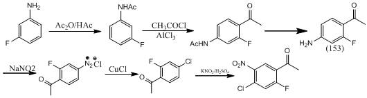 Overall reaction scheme showing the new 5-step synthesis from m-fluoroaniline