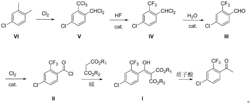 Complete novel synthesis route from 3,4-dimethyl chlorobenzene to the final ketone via malonate intermediate