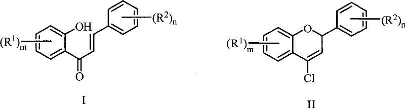 General chemical structures of substituted o-hydroxychalcone precursors and 4-chloro-2H-chromene products