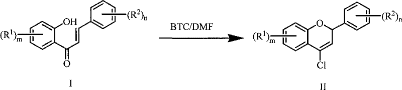 Reaction equation showing the conversion of o-hydroxychalcone to 4-chloro-2H-chromene using BTC and DMF