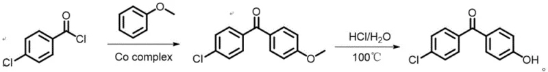 Reaction scheme showing the two-step synthesis of 4-chloro-4'-hydroxybenzophenone using Co-catalyst