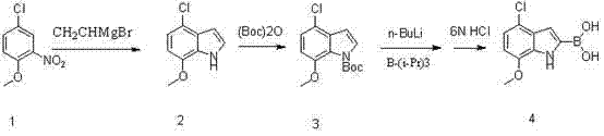 Reaction scheme showing the synthesis of 4-chloro-7-methoxyindole-2-boric acid from 4-chloro-1-methoxy-2-nitrobenzene via Grignard cyclization, Boc protection, and lithiation-boronation