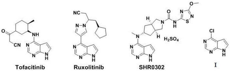 Chemical structures of JAK inhibitors Tofacitinib, Ruxolitinib, SHR0302 and the core intermediate 4-chloro-7H-pyrrolo[2,3-d]pyrimidine