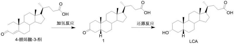 Chemical synthesis route from 4-cholenic acid-3-ketone to Lithocholic Acid