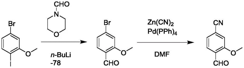 Conventional synthetic route utilizing cryogenic lithiation and toxic zinc cyanide